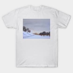 Rural landscape snow scene at christmas T-Shirt